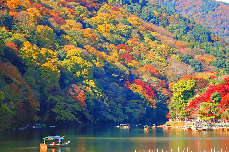紅葉の嵐山で舟遊び